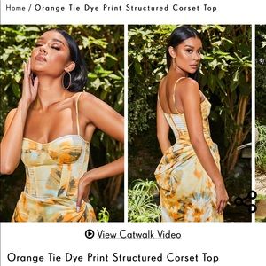 PLT orange tie dye structured corset top and ruched side midi skirt set